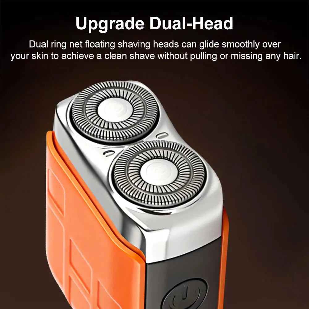 Electric shaver dual-head men’s razor by Simples Market; orange portable rechargeable cordless trimmer.