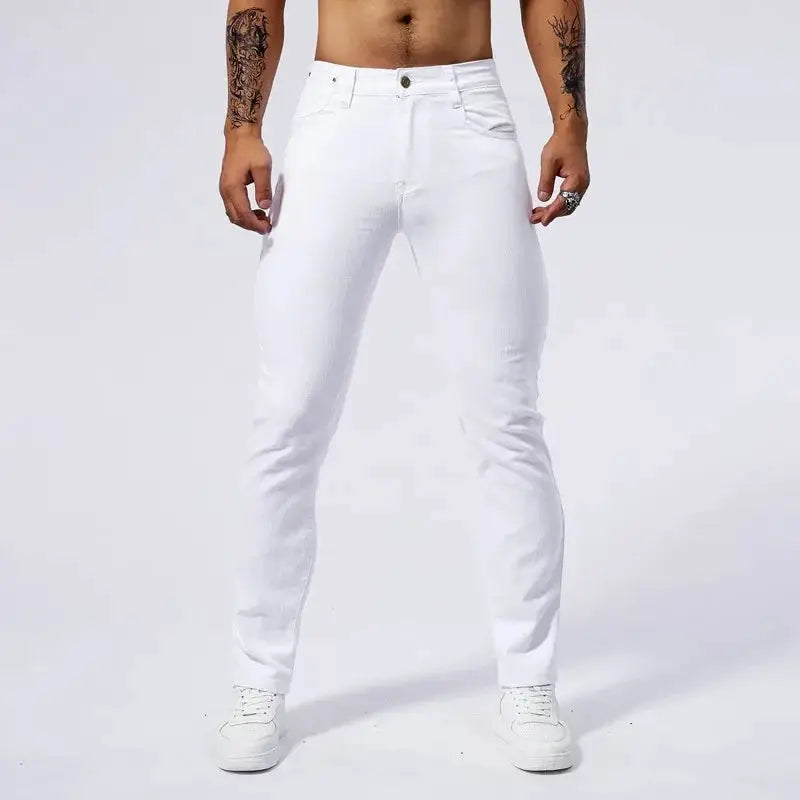 Mens White Casual Jeans Slim Fit Straight Denim Pants Streetwear