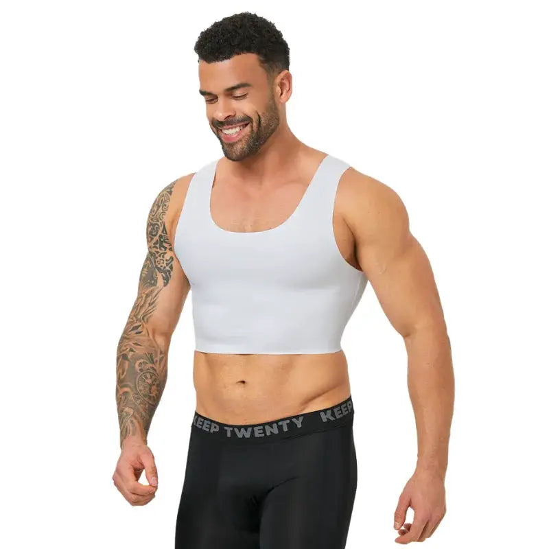 Men's seamless shaping short vest, white, sleeveless slim-fit underwear