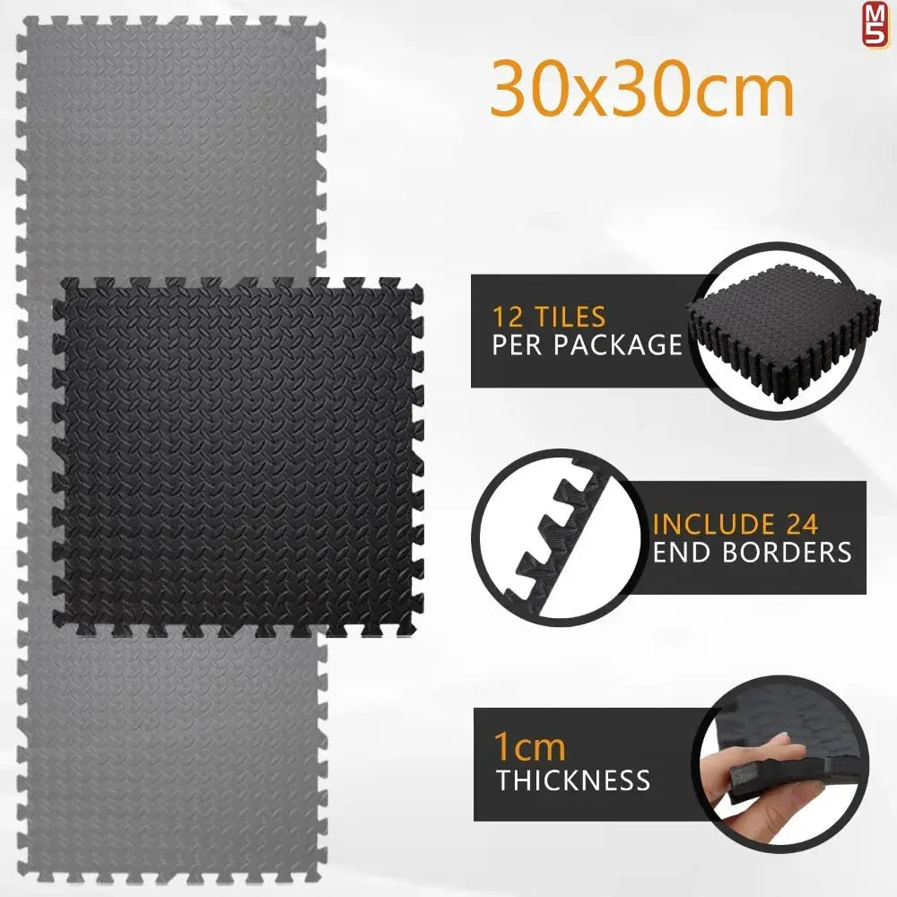 Simples Market interlocking EVA foam puzzle mats for home gym; 30x30 cm tiles, 1 cm thick, 12 tiles per package with 24 end borders, non-slip surface.