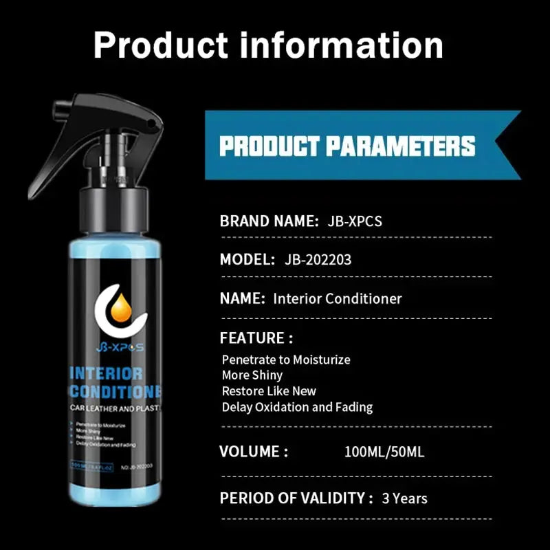 Interior conditioner spray bottle by Simples Market, black bottle with blue label and cap for leather/plastic trim.