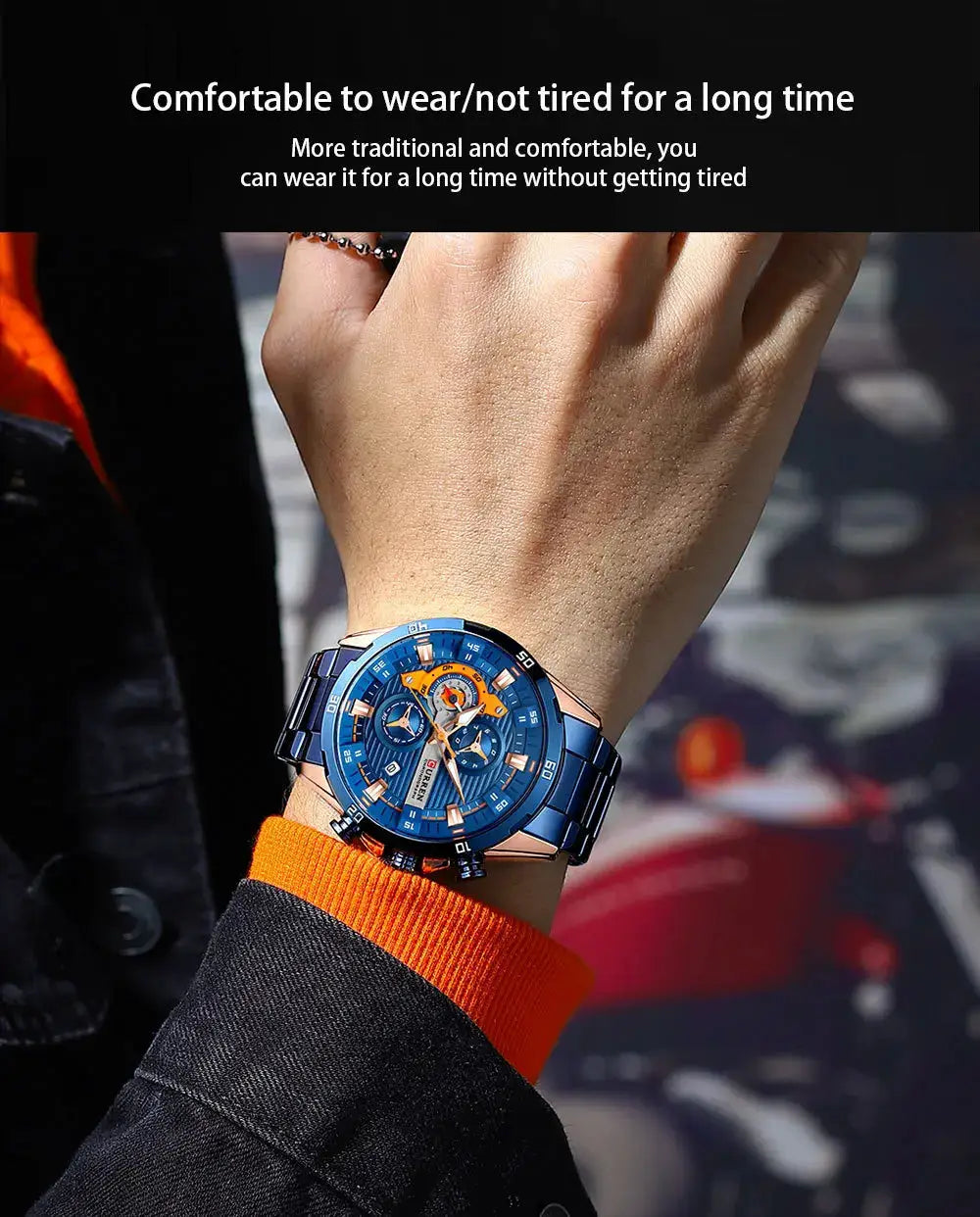 Curren 8402 watch blue stainless steel chronograph with luminous dial
