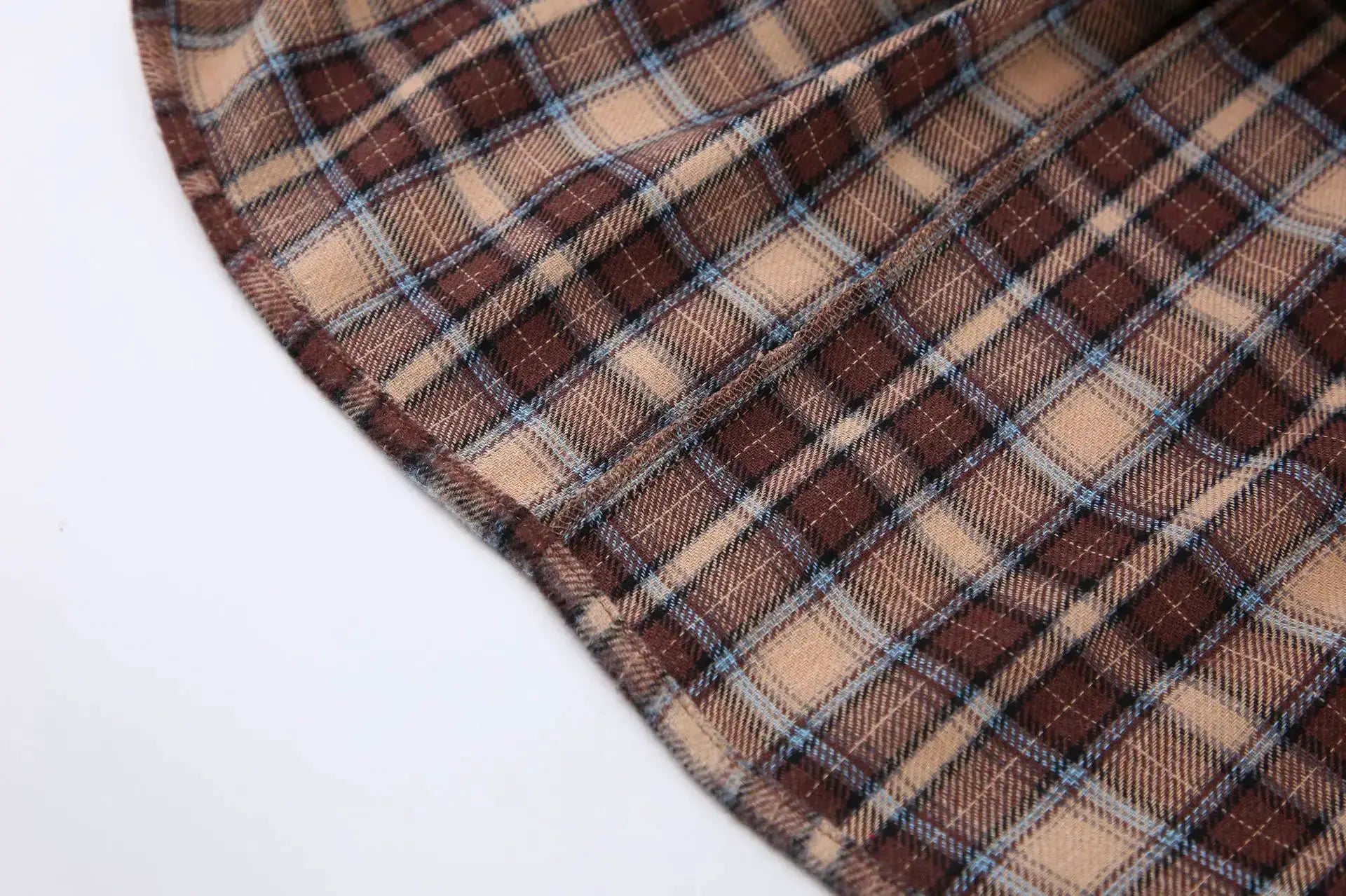 Spring Autumn Vintage Plaid Checkered Shirt by Simples Market; close-up of brown beige plaid fabric