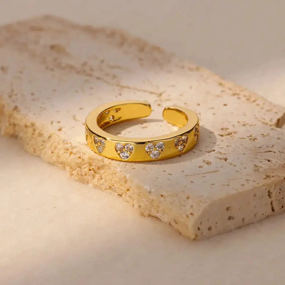 Zircon Geometric Heart Ring For Women Stainless Steel 18K Gold Plated Wedding Band Luxury Jewelry Gift