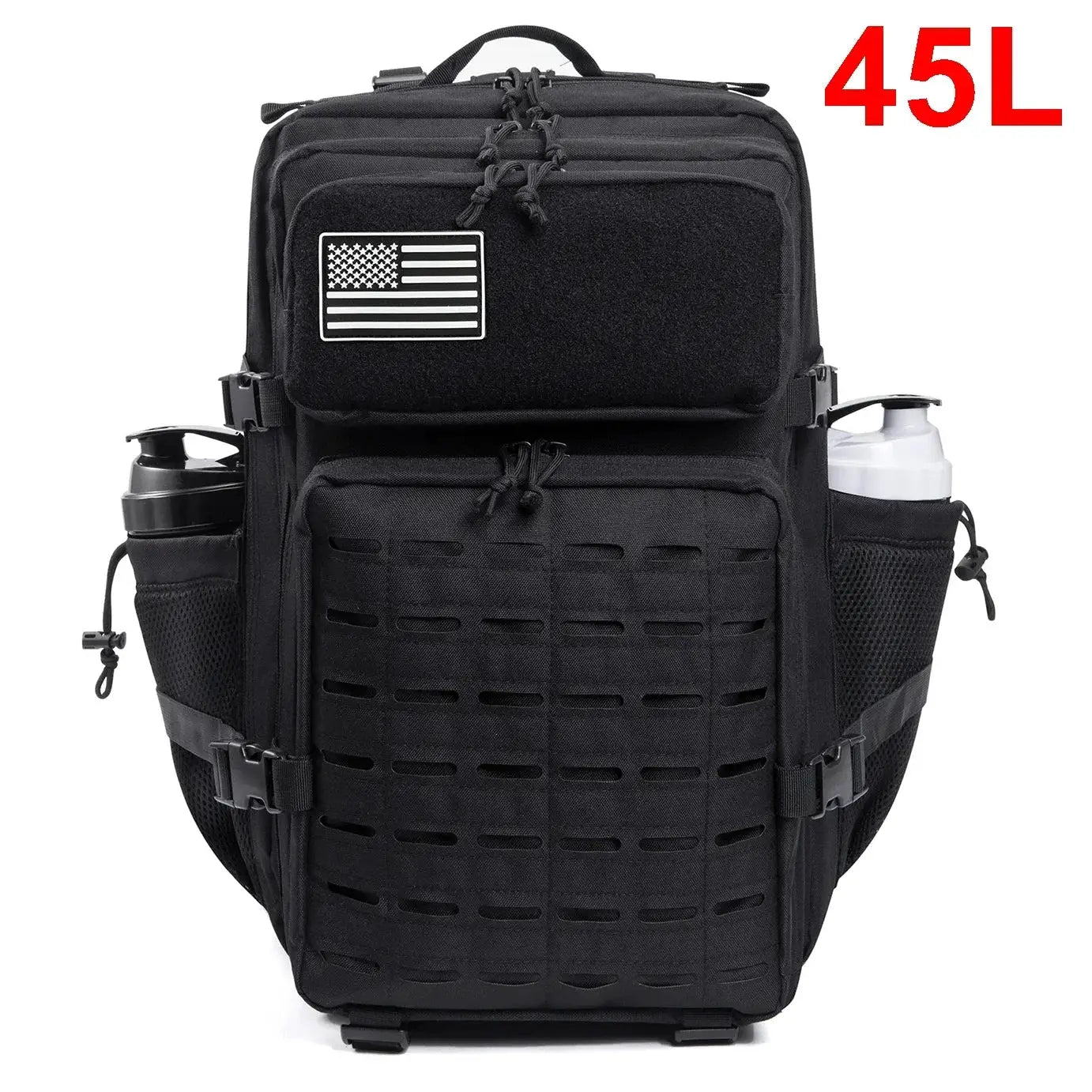 Simples Market tactical backpack in black, 25L/45L with MOLLE front and side water bottle pockets