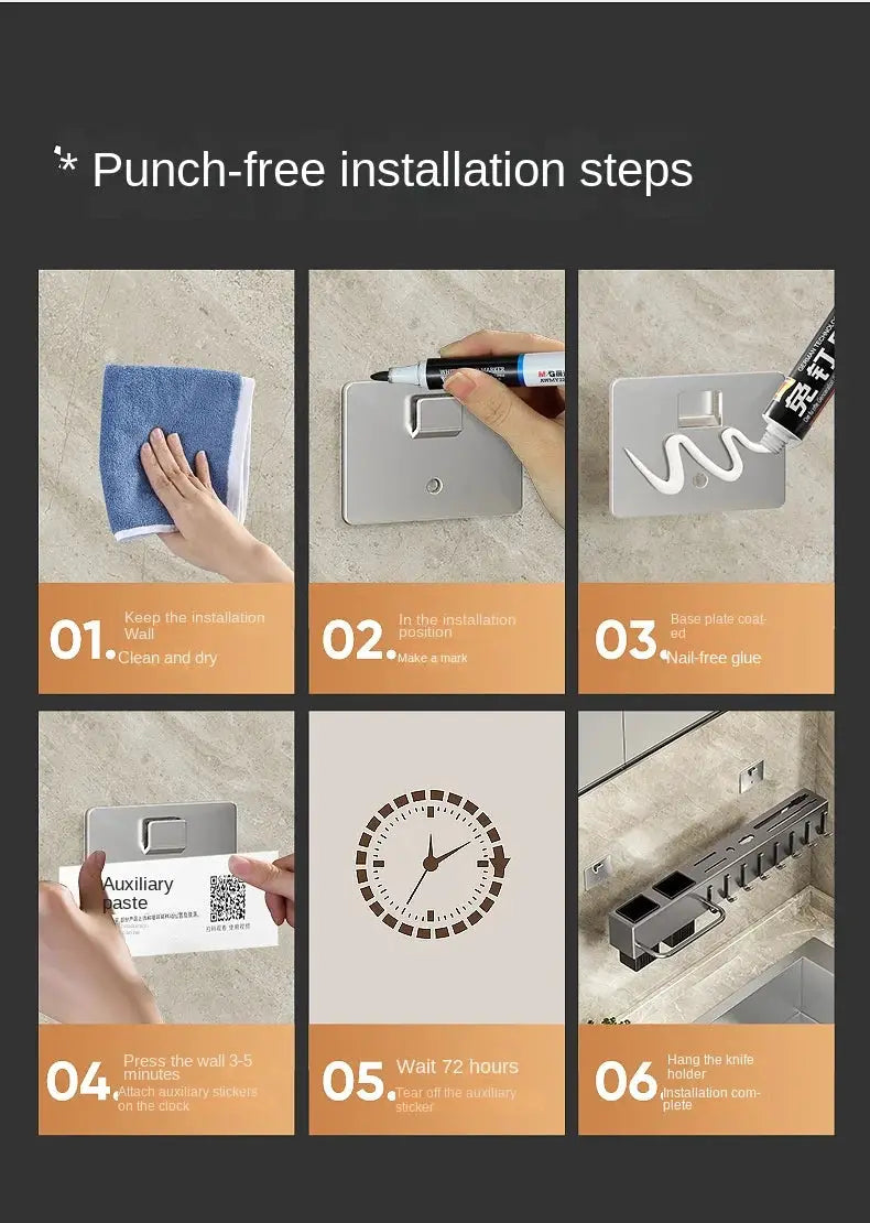 Simples Market tool-free kitchen shelf and wall-mounted knife and utensil holder; six-step installation infographic.