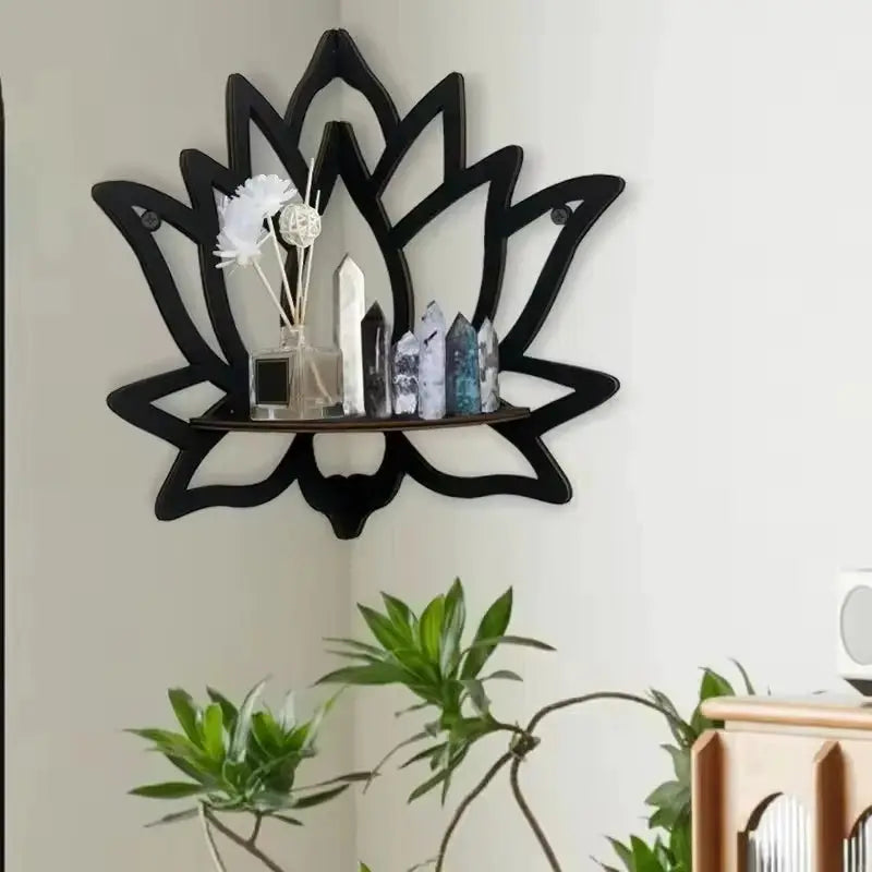 Black wooden lotus hollow wall shelf for aromatherapy, organiser and candle holder with crystal display