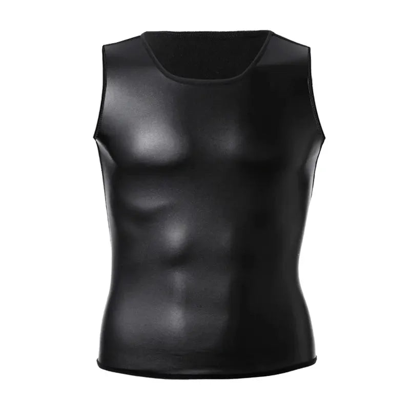 Leather sleeveless men's shirt with stand collar in black, by Simples Market