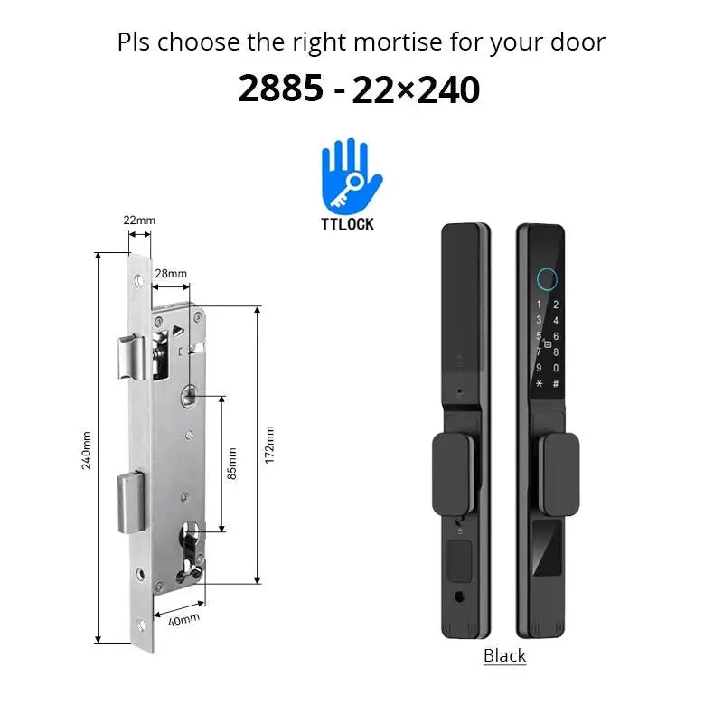 TTLock waterproof sliding door smart lock set by Simples Market; 2-piece aluminum black with fingerprint, keypad, RFID