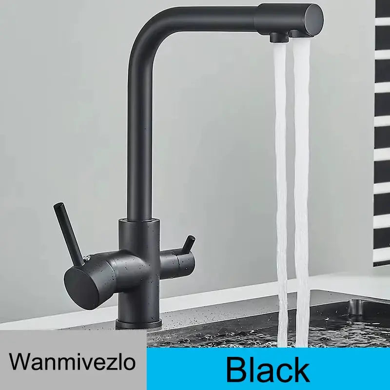Kitchen faucet by Simples Market, black dual-swivel gooseneck with dual lever handles.