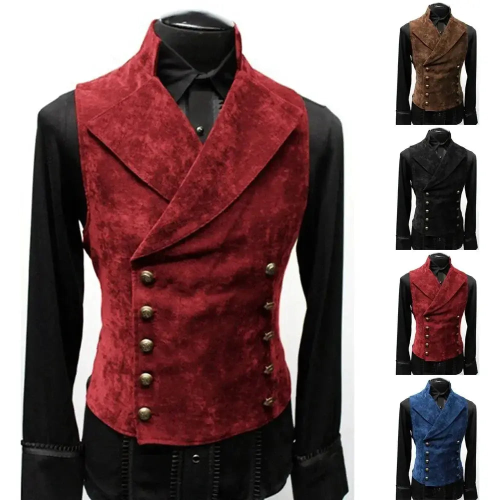 Mens Gothic Vest Costume red velvet double-breasted waistcoat by Simples Market with brass buttons; 4 color options