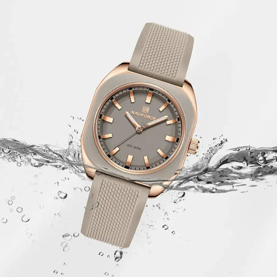 NAVIFORCE women's silicone watch with beige strap, grey dial, rose-gold case