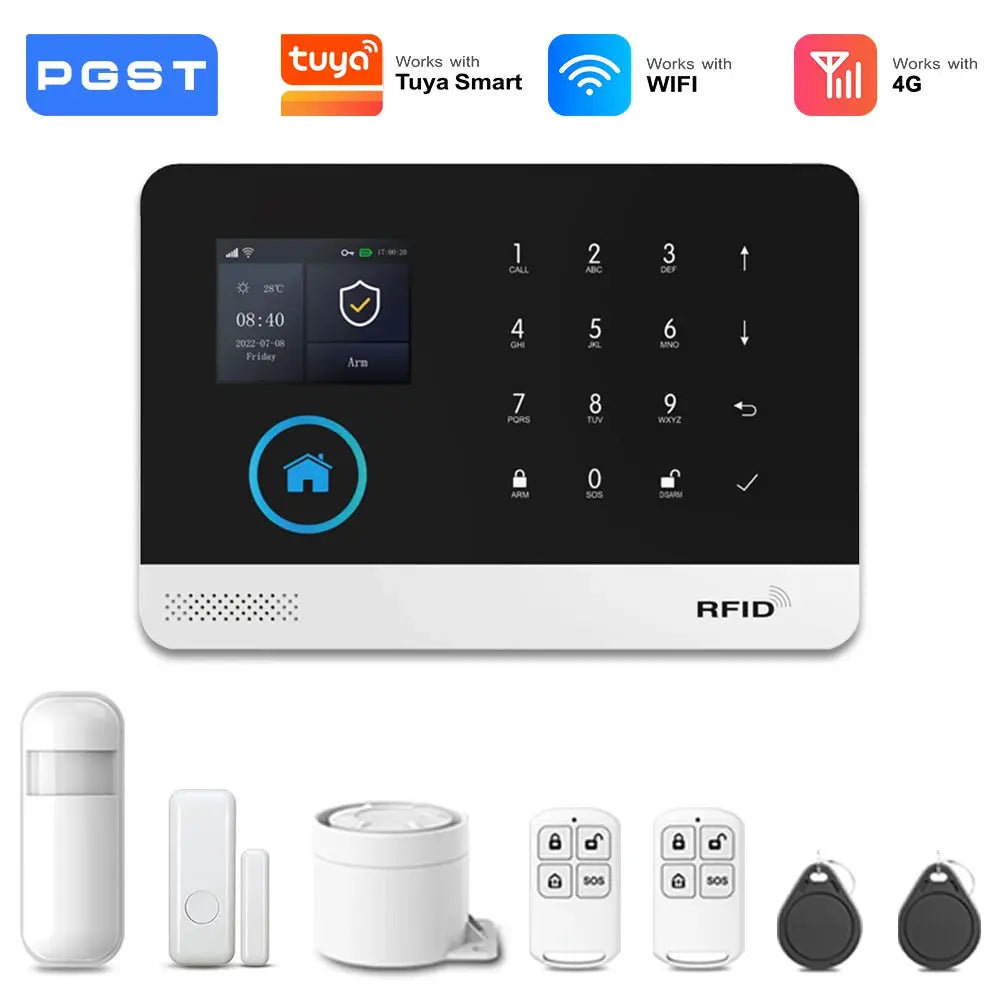 PGST wireless alarm system kit with 4G/WiFi, touchscreen panel, PIR sensor, siren, door/window sensors, remotes