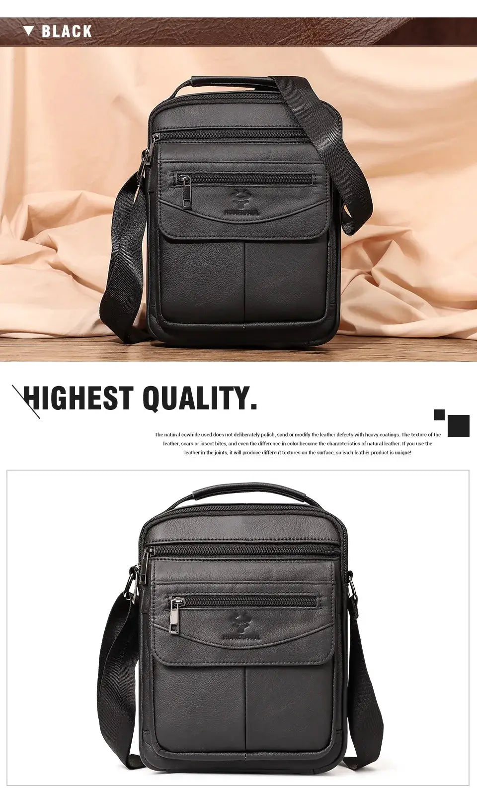 HUMERPAUL black genuine leather small messenger bag with front zip pocket and crossbody strap, Simples Market