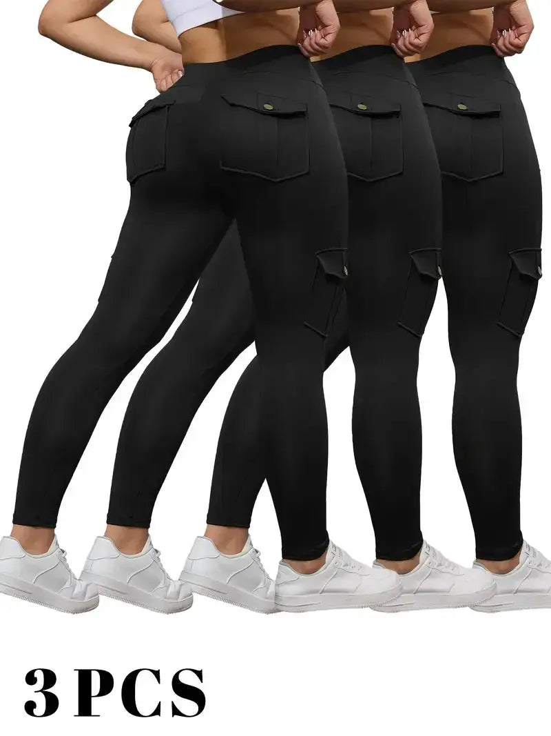 Black women's stretch leggings 3-pack with rear flap pockets, elastic waist, athletic streetwear