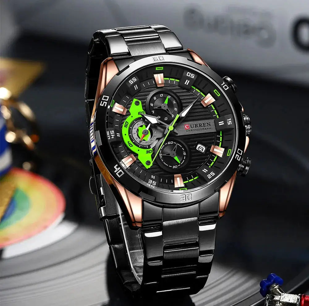 CURREN 8402 men's stainless steel watch with luminous green chronograph dial, Simples Market