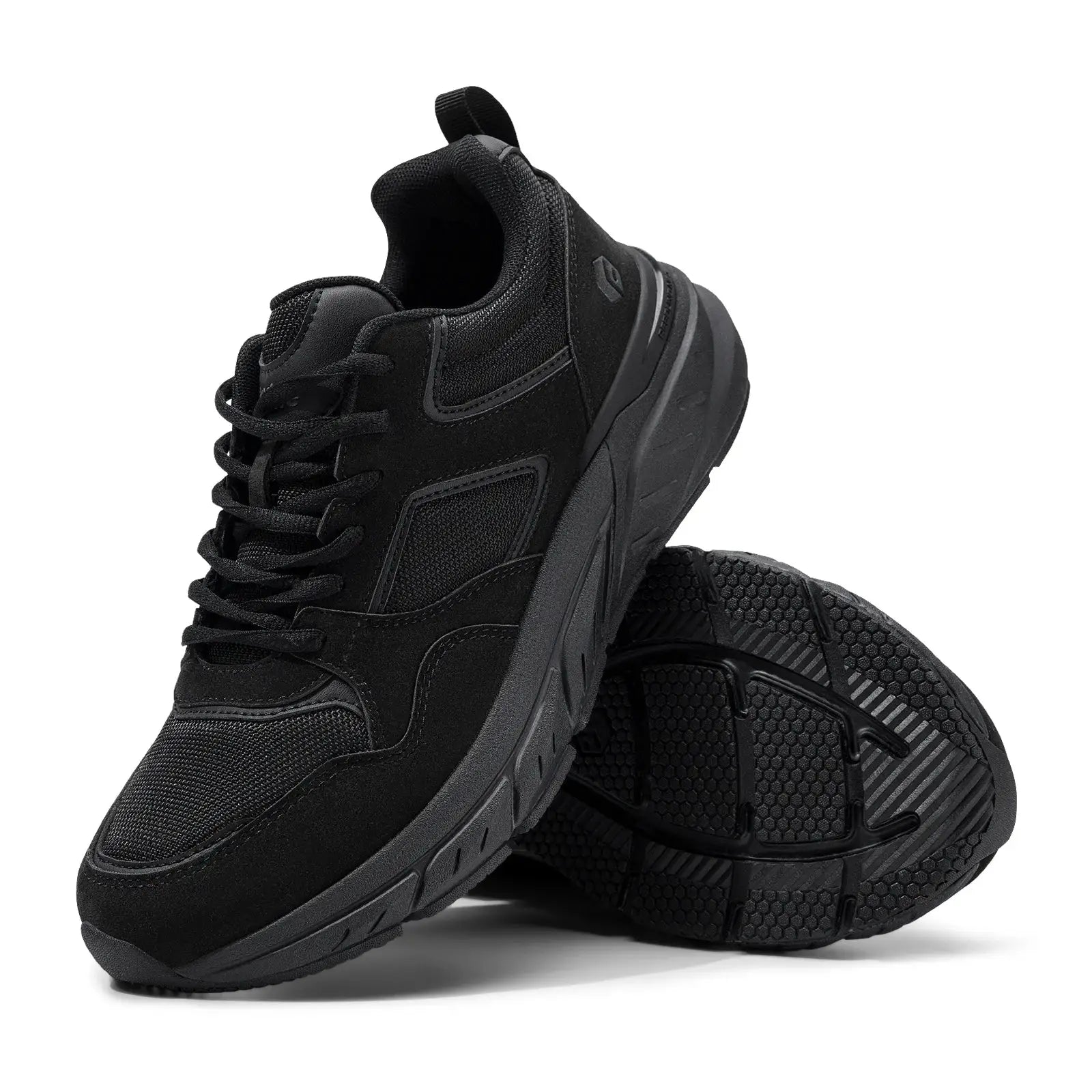 Black men's walking sneakers with wide width and arch support for plantar fasciitis, rugged outsole