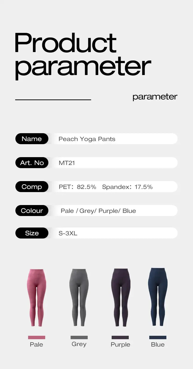 Peach Yoga Pants parameter sheet showing Name Peach Yoga Pants, MT21, PET 82.5%/Spandex 17.5%; colors Pale/Grey/Purple/Blue; sizes S–3XL