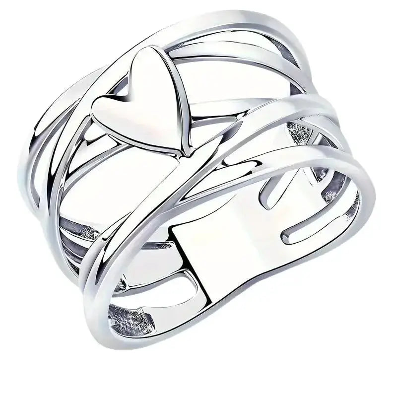 Ring: sterling silver heart-shaped ring with intertwined, open bands.