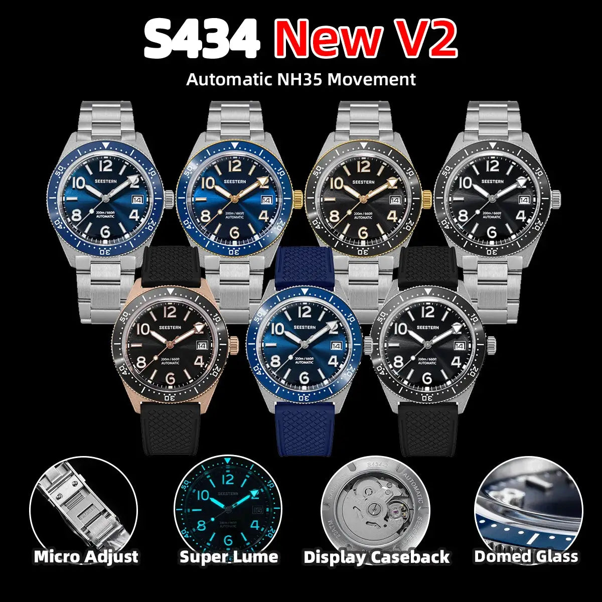 Seestern Diver S434 watches set; 8 stainless steel wristwatches with varied dial colors.