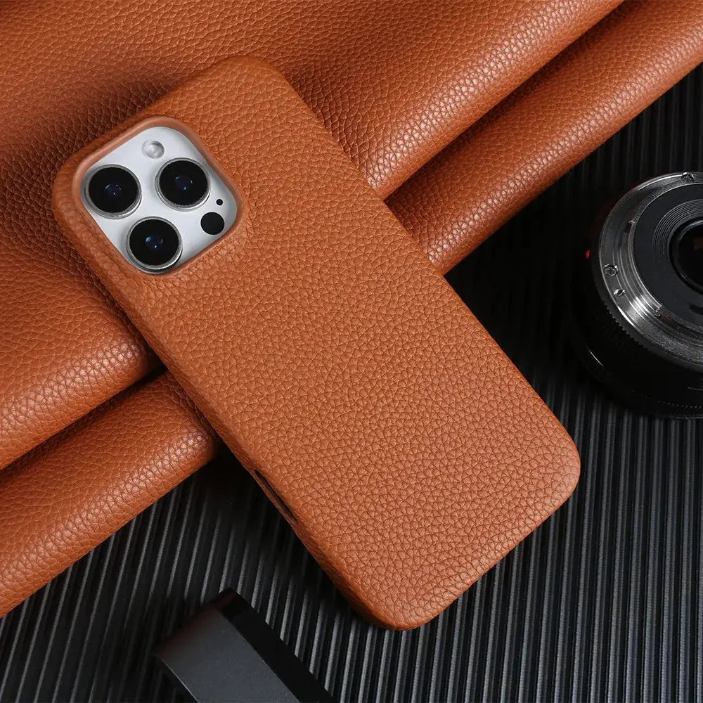 Simples Market luxury magnetic leather iPhone case, brown full-wrap back cover with MagSafe compatibility.