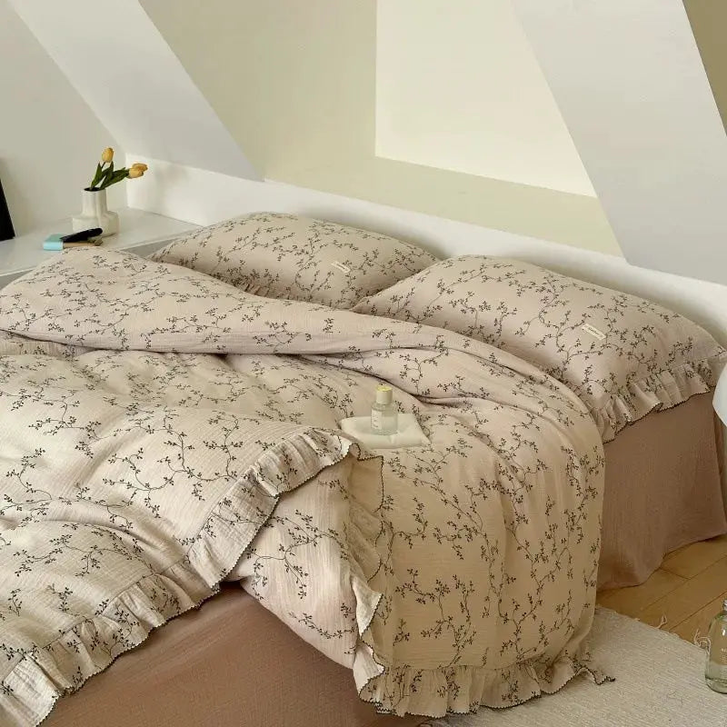 INS Princess ruffle-edge gauze bedding set in beige floral print, 100% cotton, 3-piece