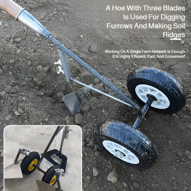 Hand Pulled 3 in 1 Wheel Hoe Cultivator With Double Wheel Weeder Tiller Furrow Plow For Garden