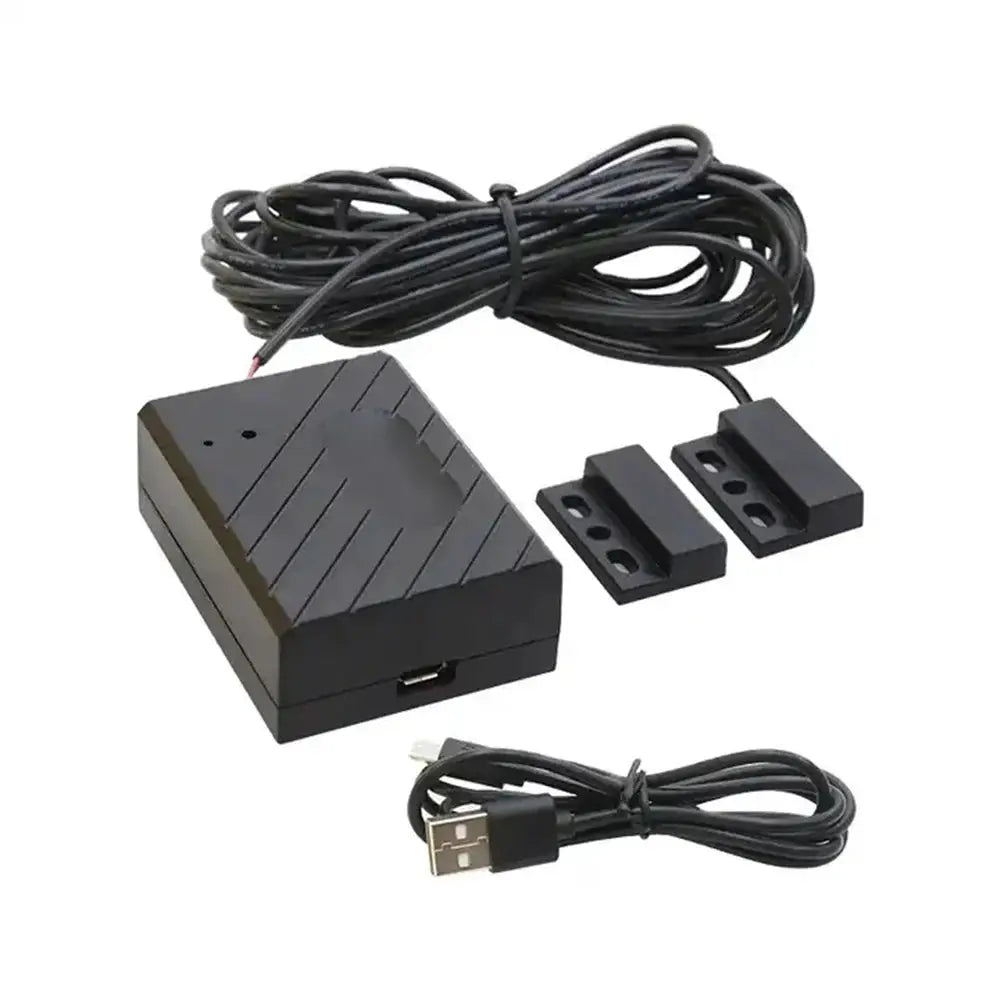 Smart garage door opener kit by Simples Market; black USB-powered controller with two sensor modules and USB cable.