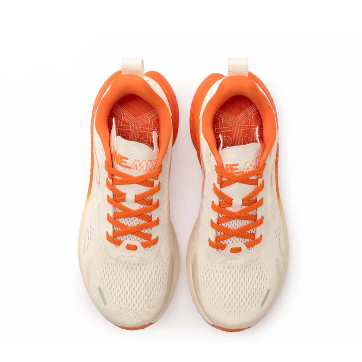 ONEMIX men's breathable running shoes, pair in beige with orange laces and interior, lightweight