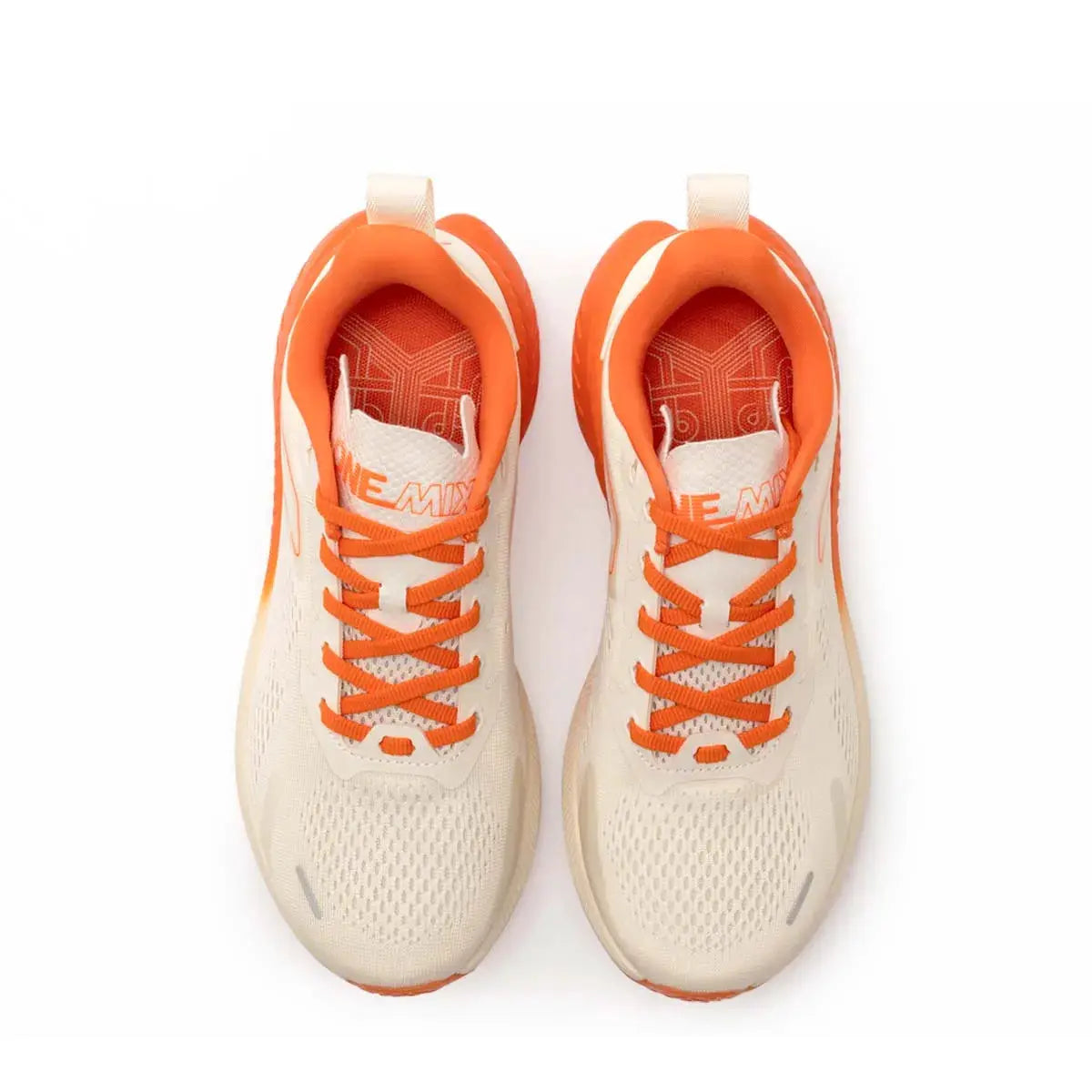 ONEMIX men's breathable running shoes, beige mesh with orange laces, lightweight athletic sneakers pair.