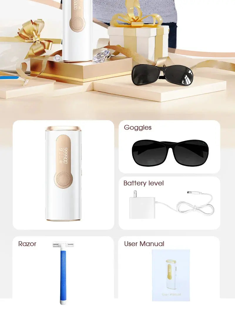 Simples Market IPL Pulsed Light Hair Removal Device with Cooling, white rose-gold finish; 5 items total