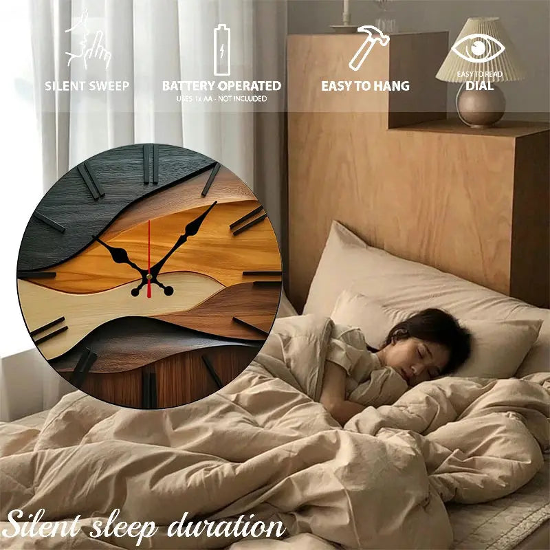 2D Nordic-style fiberboard round silent hanging wall clock, battery-operated, multi-tone wood dial