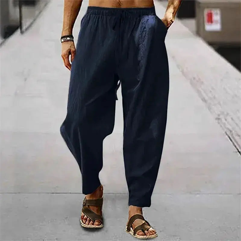 New Men's Cotton Linen Pants Summer and Autumn High Waist Wide Leg Trousers Breathable Casual Loose Fit