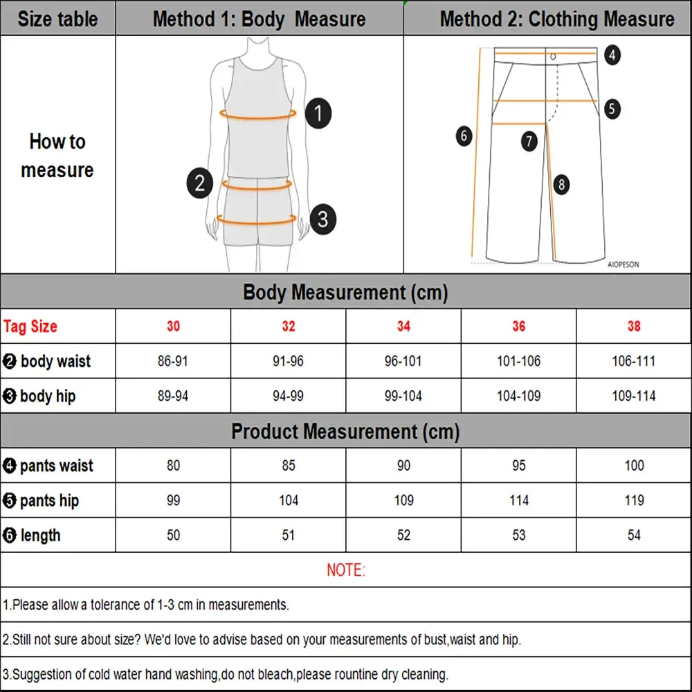 AIOPESON men's 100% cotton solid shorts size chart by Simples Market with waist, hip and length measurements.