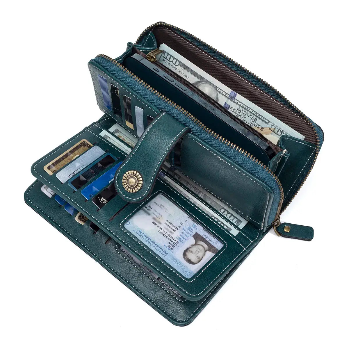 Rfid anti-theft long wallet clutch in teal oil-waxed leather with multiple card slots and zipper closure.