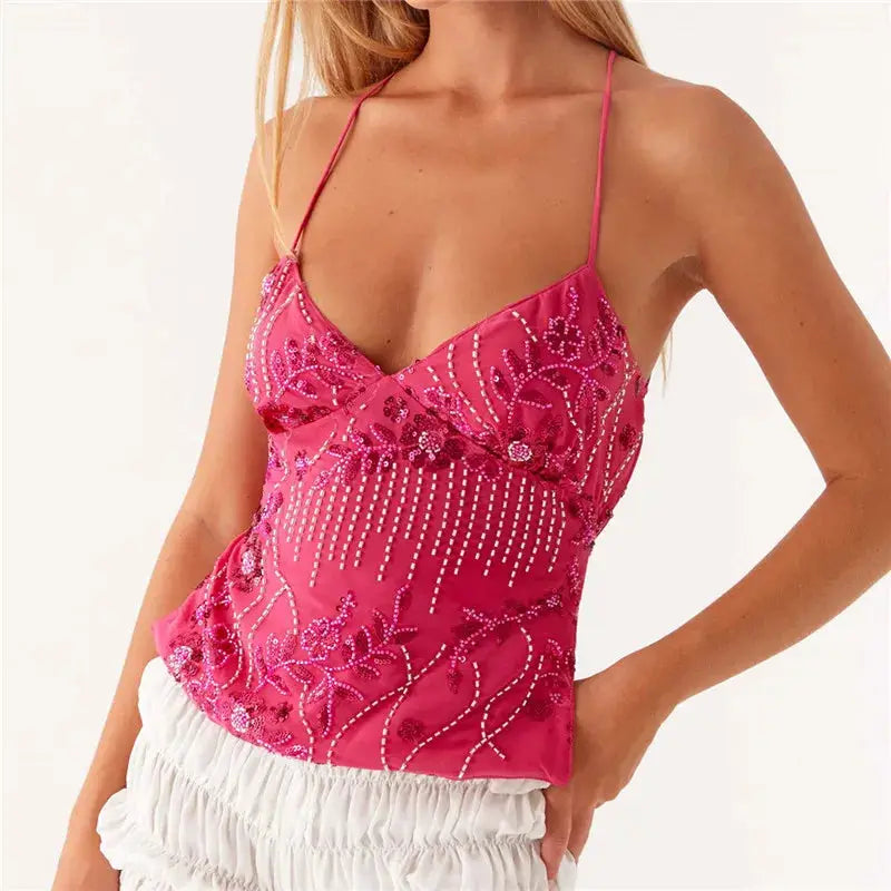 GlamNova Y2K Sequin Halter Crop Top With Pearl Embellished Cami Breathable Stretch Fit Rhinestones