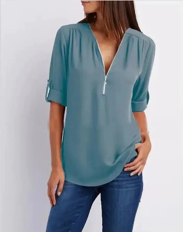 Chiffon blouse by Simples Market, teal deep-V neck with zip, loose-fit 3/4 sleeves