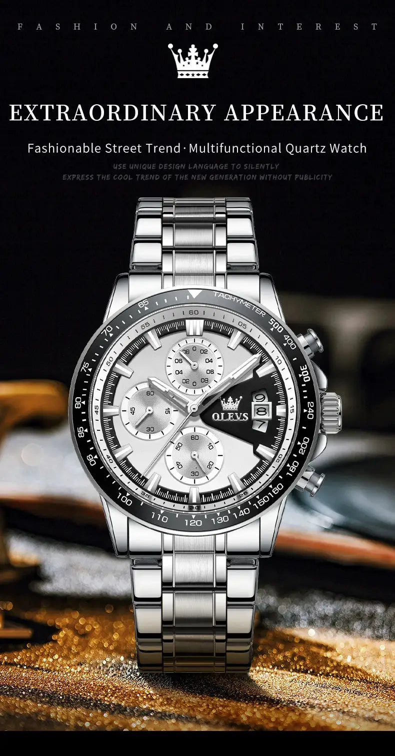 OLEVS TY705 stainless steel men's watch with chronograph subdials, black tachymeter bezel, and luminous hands