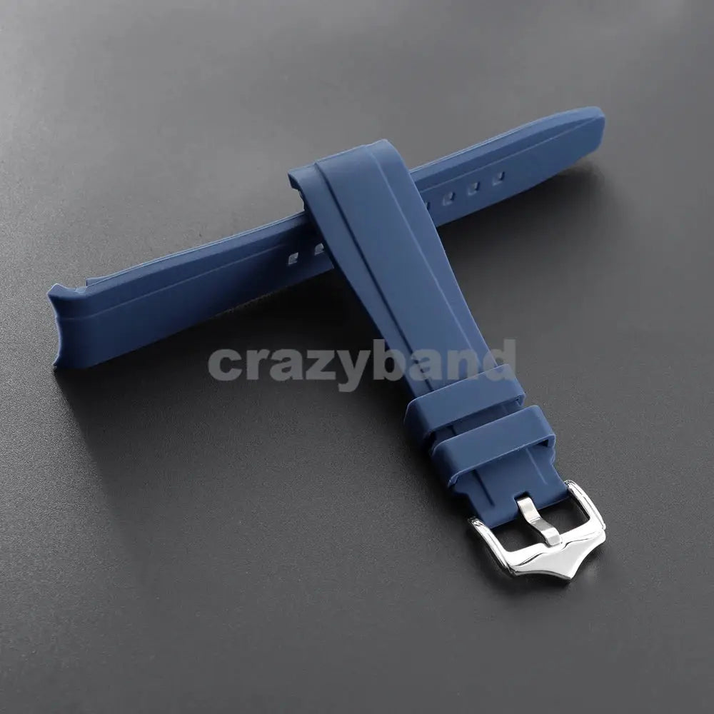 Blue silicone watch strap, 20–22mm, universal curved-end with silver buckle