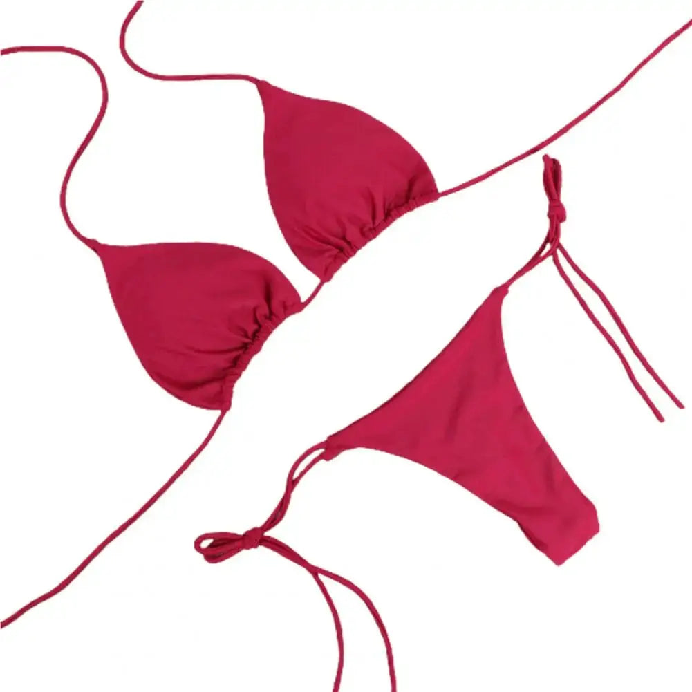 2 Piece Womens Swimsuit Set Halter Neck Bikini Solid Color Thong Bottom Beachwear 2024