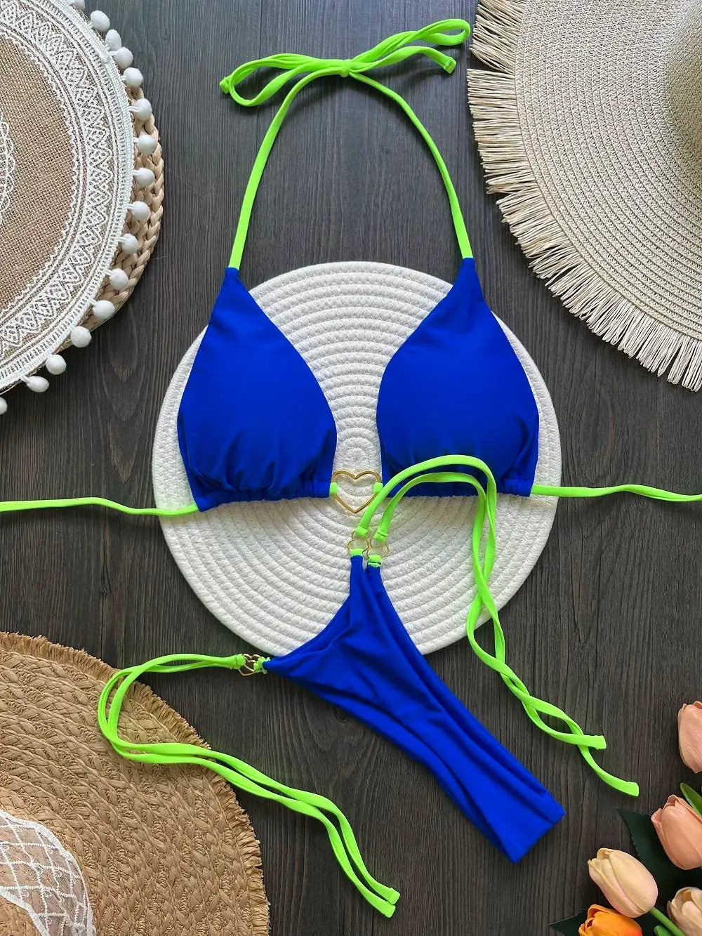 Blue triangle bikini set with neon green halter straps, two-piece swimsuit