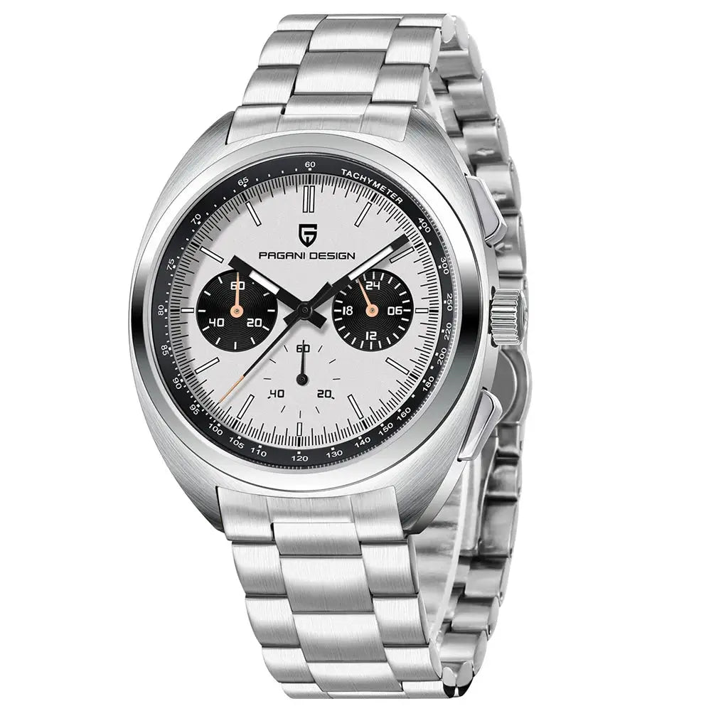 Pagani Design men's quartz chronograph watch with silver steel bracelet, white dial, black subdials and tachymeter