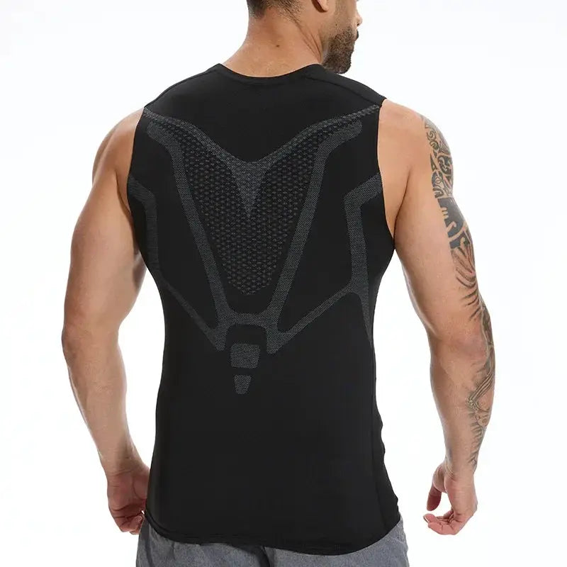 Men's shapewear sleeveless tank top; black compression shirt with breathable back-panel design