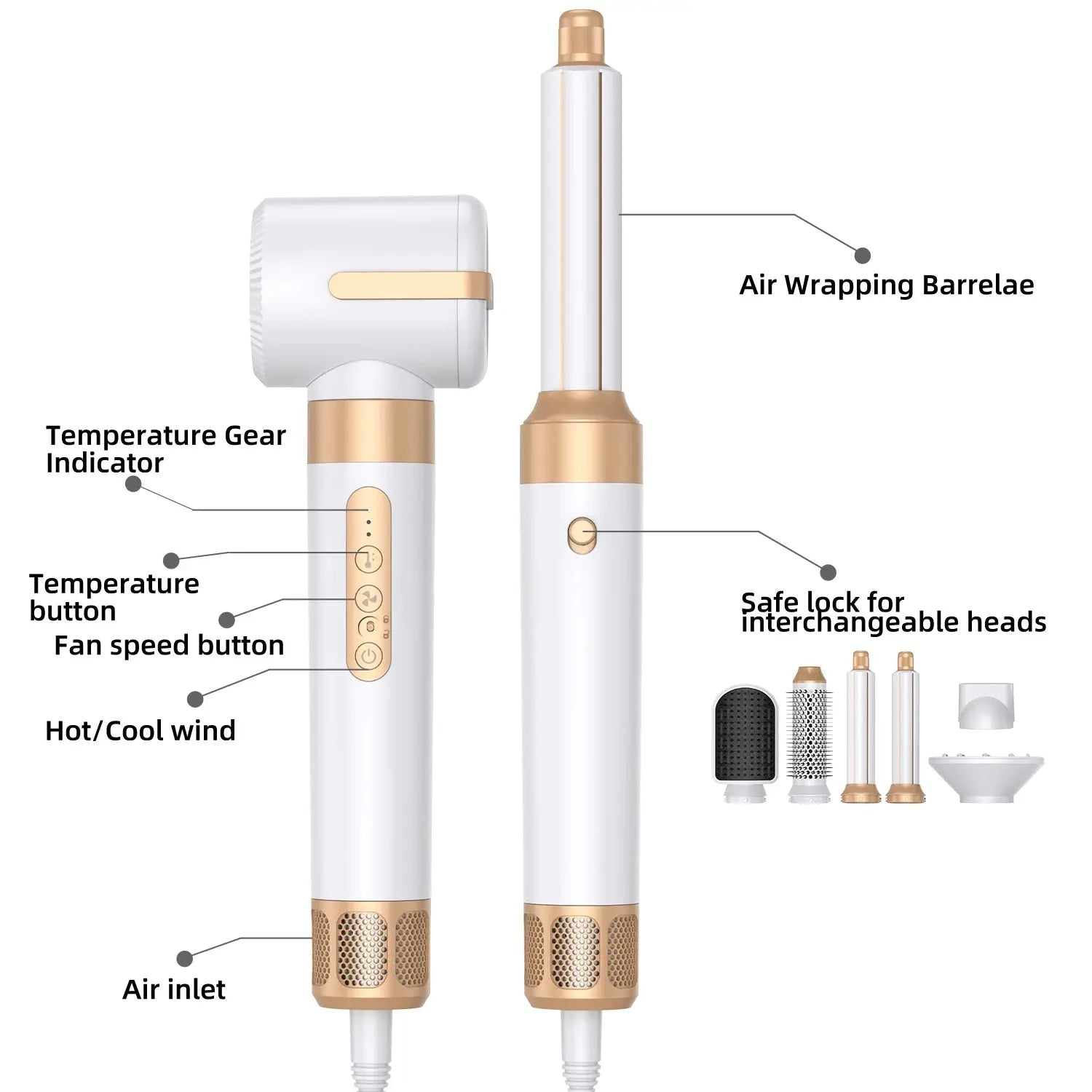Simples Market 7-in-1 hair dryer brush with white and rose-gold finish and interchangeable heads for styling