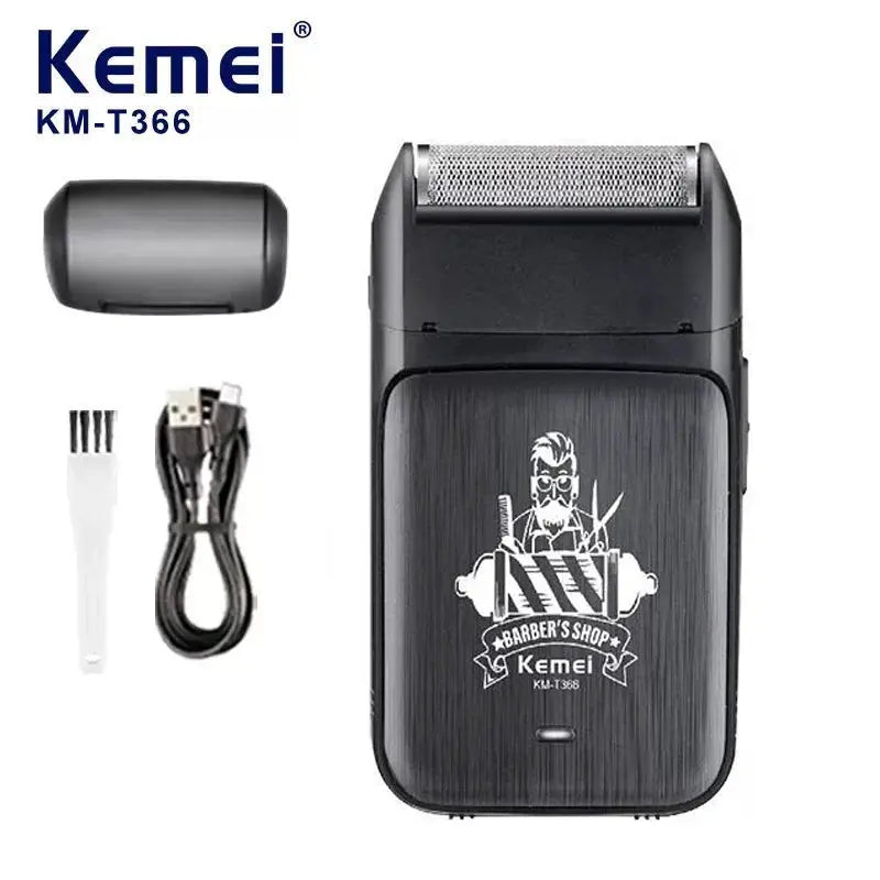Kemei KM-T366 2-in-1 professional hair clipper set for men, black; includes USB charging cable and cleaning brush