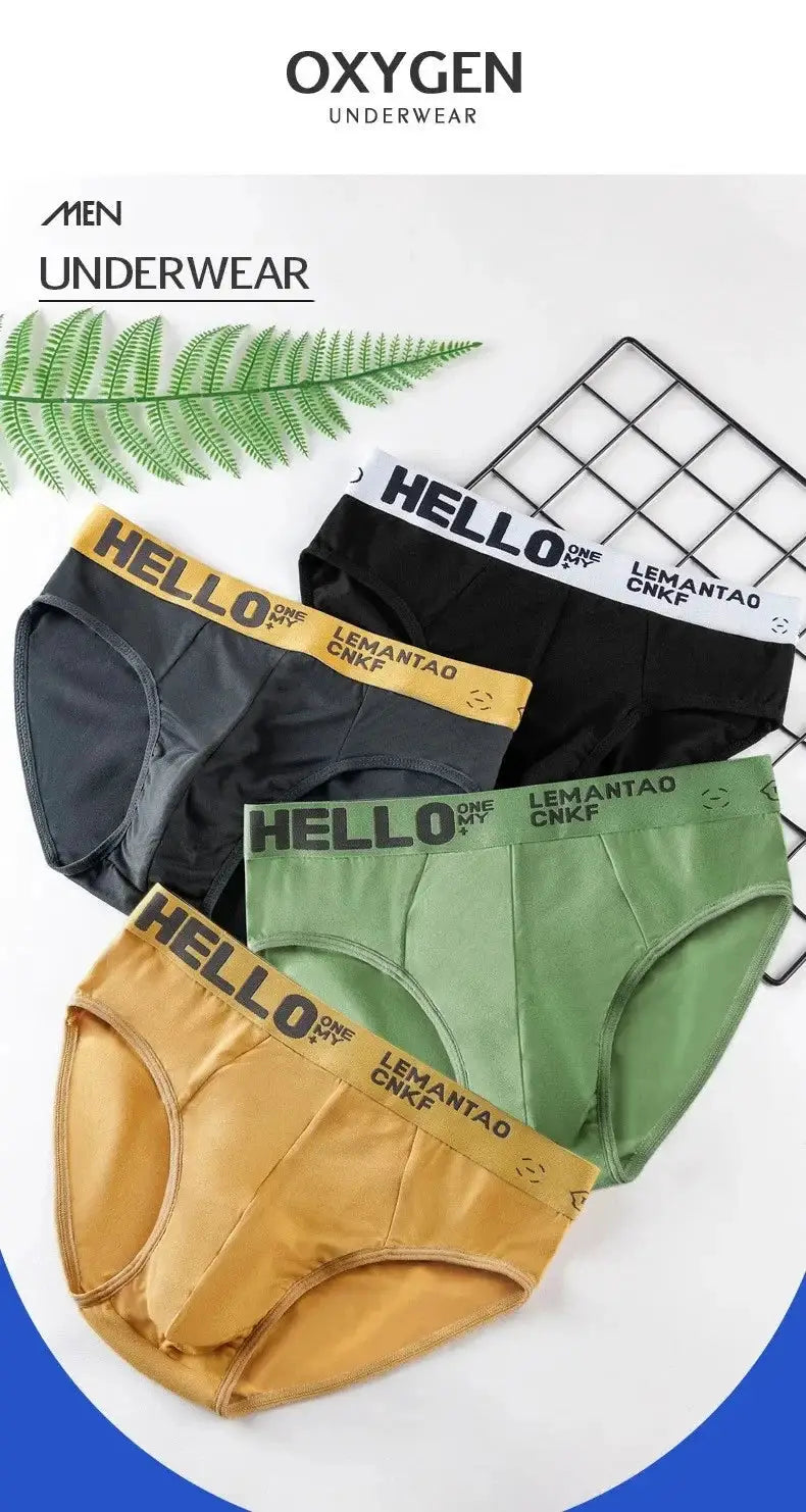 4-pack men's briefs in gray, black, green and tan with bold waistband branding