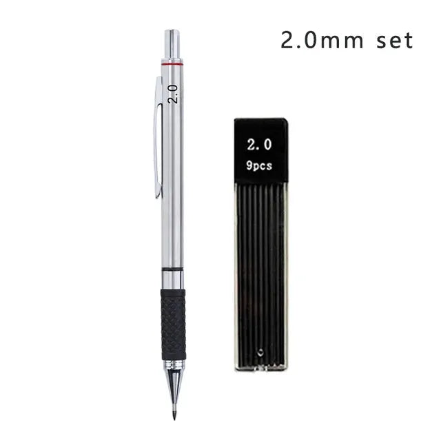 Simples Market metal mechanical pencil set, silver with knurled black grip, 0.5/0.7/0.9/2.0mm leads, 9pcs