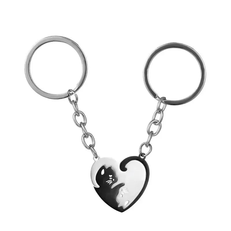 Heart Shaped Cat Yin Yang Stainless Steel Keychain Set For Couples And Best Friends