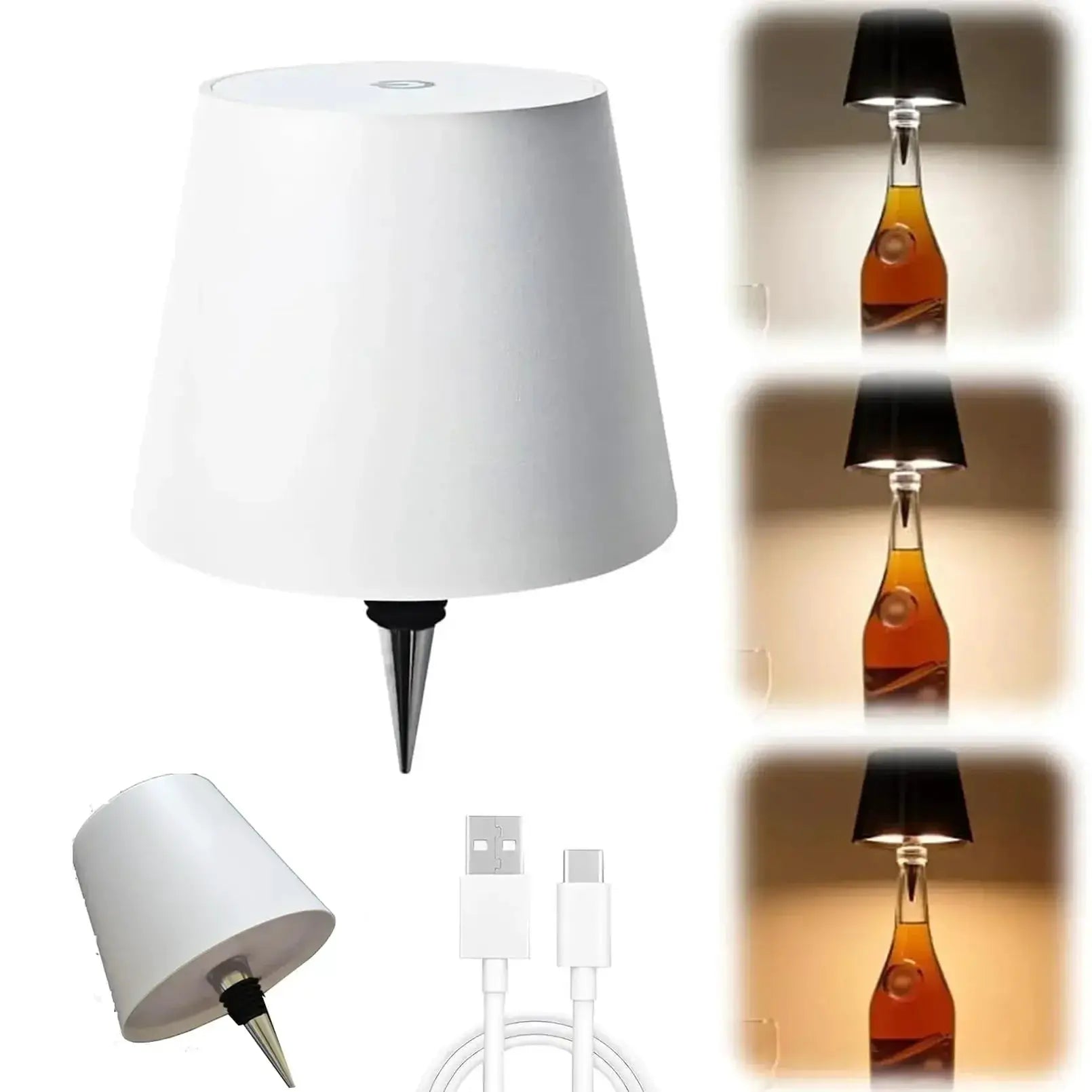 LED Wireless Wine Bottle Lamp by Simples Market; white cone touch lamp with USB cable and bottle-lit ambient demos
