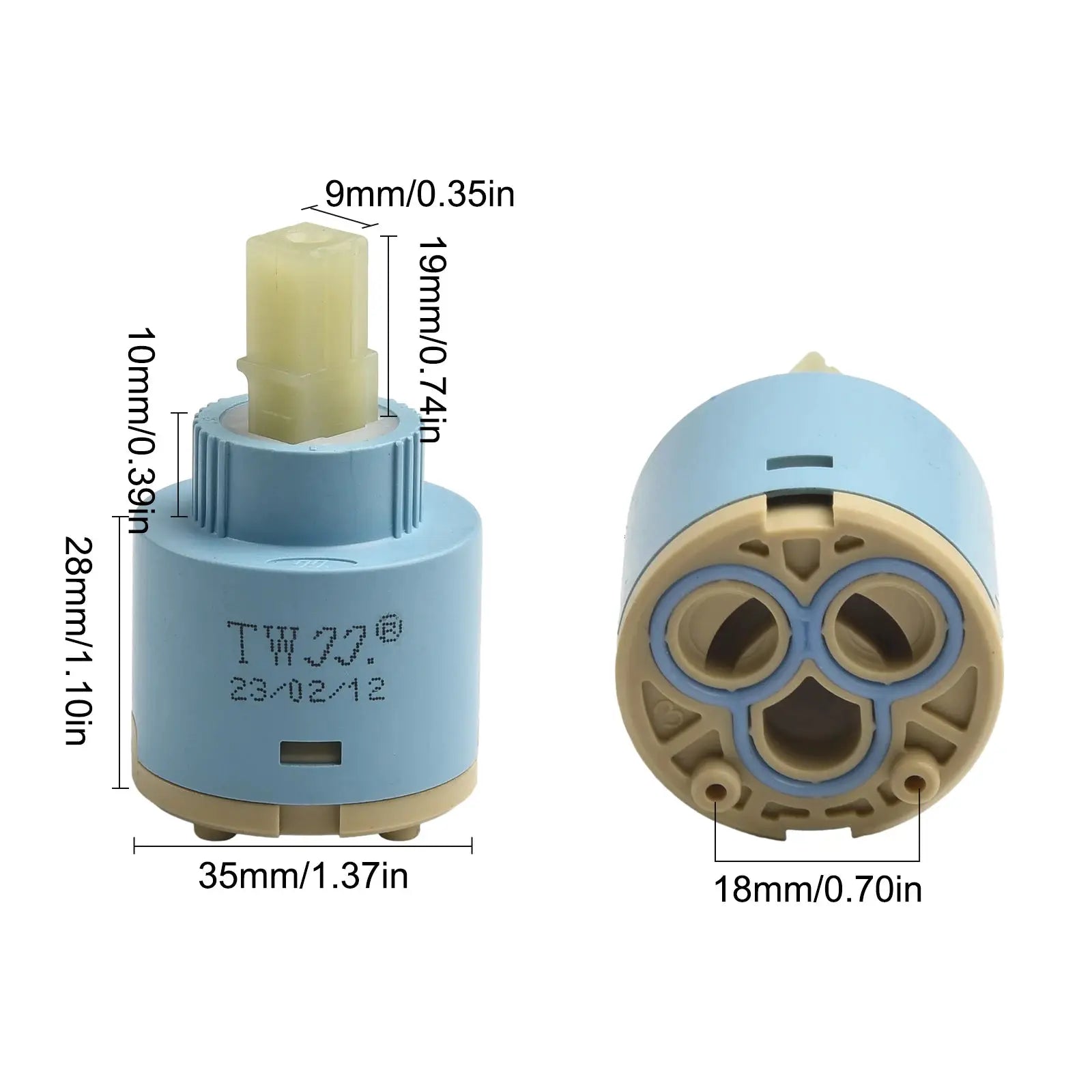 Simples Market ceramic faucet cartridge with blue body and beige ceramic spindle, 35mm diameter.